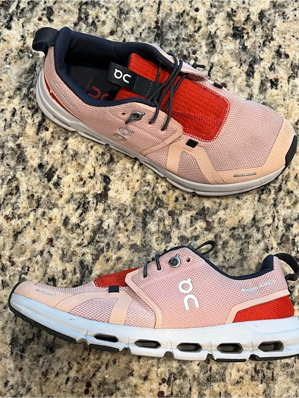 On Running Kids Sneakers in Pink and Red with Navy Accents